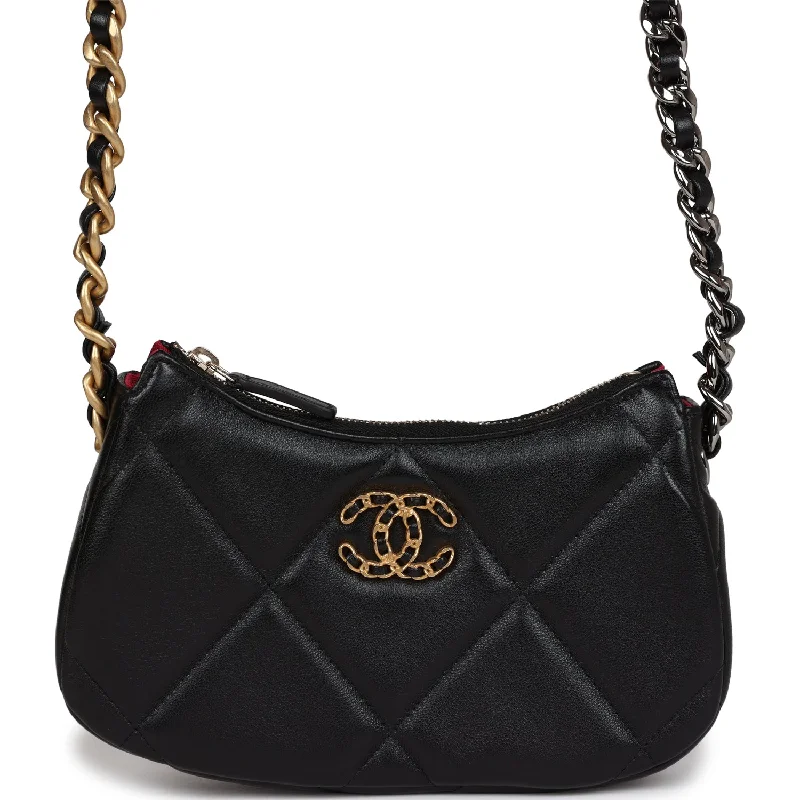 women's dumpling bag with patchwork design -Chanel 19 Hobo Chain Clutch Bag Black Calfskin Mixed Metal Hardware