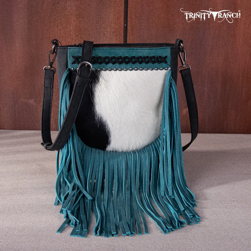 women's handbag with crossbody feature -TR171-8360  Trinity Ranch Hair-On Cowhide Fringe Crossbody Bag -Black