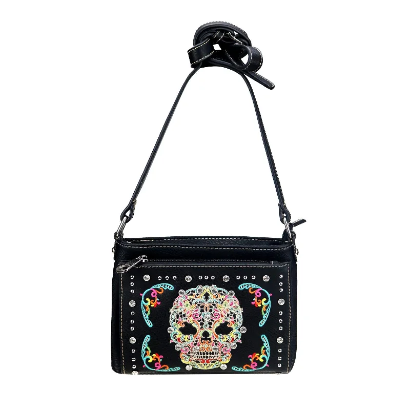 Ladies Crossbody Bag Hybrid Design -MW494-8362 Montana West Sugar Skull Collection Organizer Crossbody