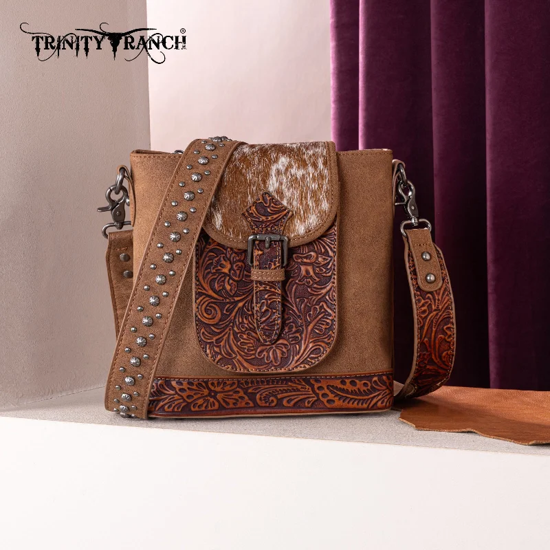 women's handbag with functional handle options -TR185G-9360  Trinity Ranch Genuine Hair-On Cowhide Tooled Concealed Carry Crossbody Bag- Brown