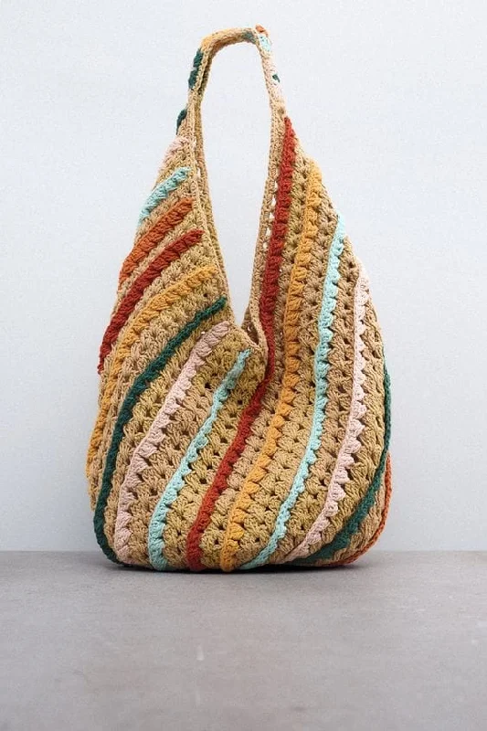 women's dumpling bag with feminine design -BGAIN158 Rainbow Crochet Hobo Tote Bag