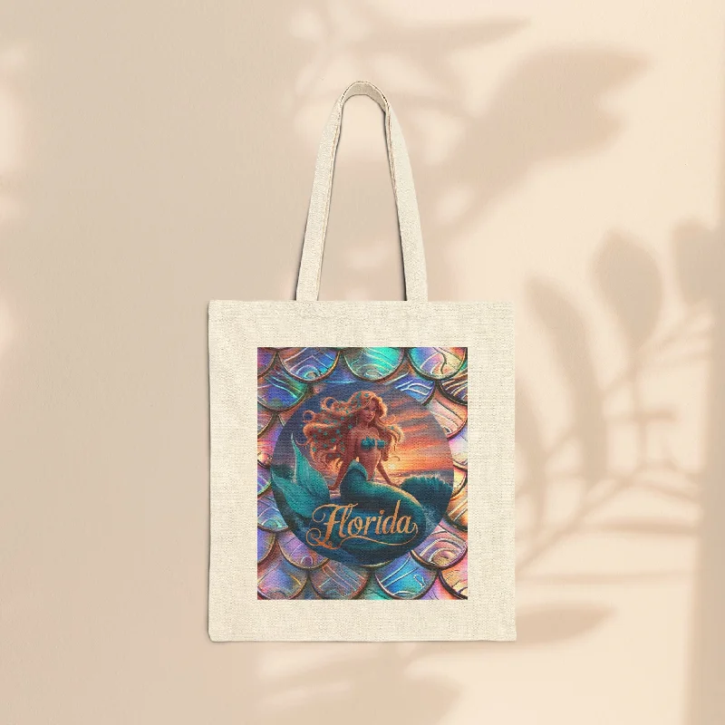 women's tote bag with interior pockets -Cotton Canvas Tote Bag - Florida Mermaid