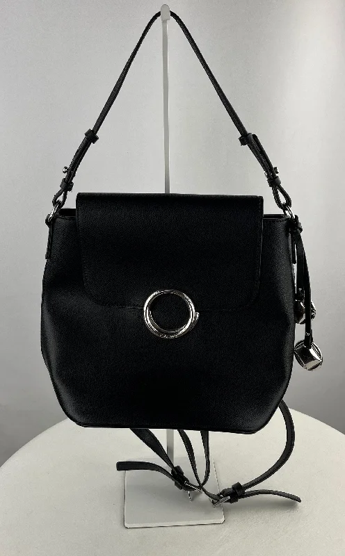 Calvin Klein Women's Reese Black Pebbled Leather Flap Backpack Purse W/Accents