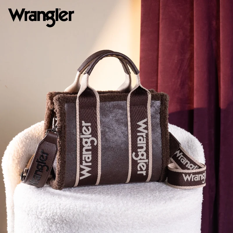 women's tote bag with fun print designs -WG181-8120S  Wrangler Sherpa Small Canvas Tote/Crossbody - Coffee