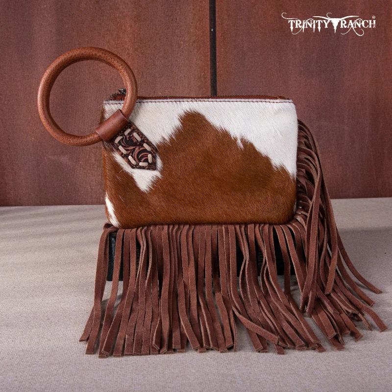 Ladies Crossbody Bag Zipper Closure -TR167-A181 Trinity Ranch Genuine Hair-On Cowhide Ring Handle Wristlet Clutch Bag - Oak