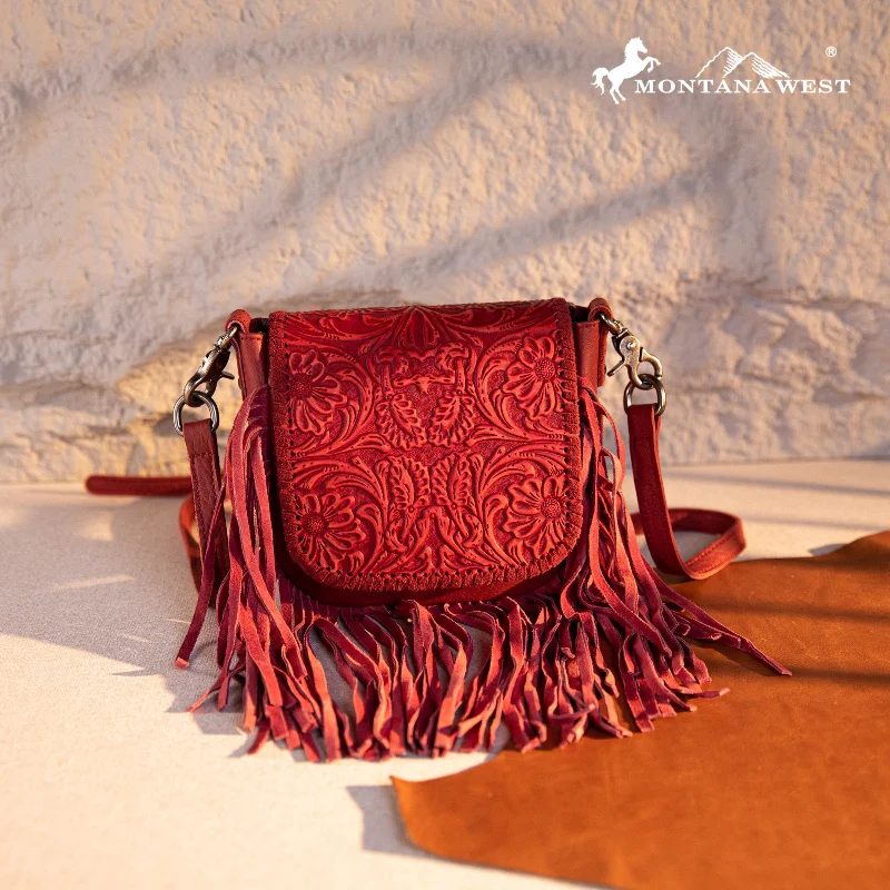 Ladies Crossbody Bag Soft Pastels -RLC-L187 Montana West Genuine Leather Tooled Fringe Crossbody - Red