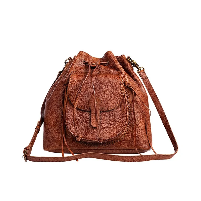 women's bucket bag for trendy women -Leather Bucket Drawstring Bag