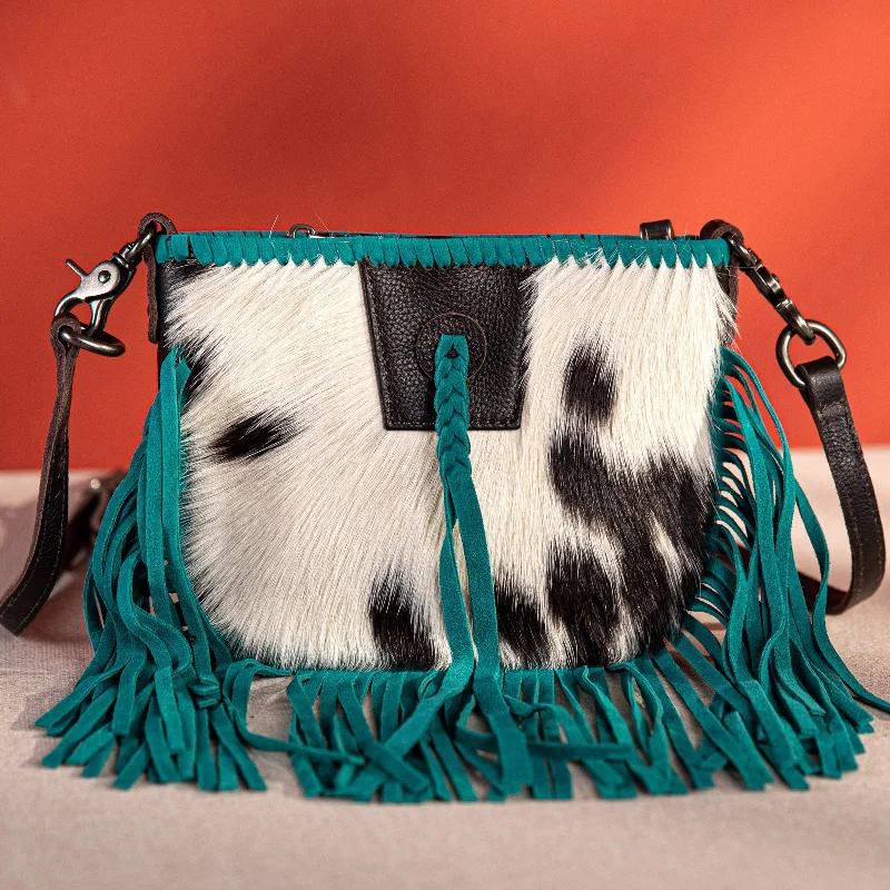 Ladies Crossbody Bag Eco Conscious -RLC-L180 Montana West Genuine Leather Hair-On Collection Fringe Crossbody Coffee-Turquoise