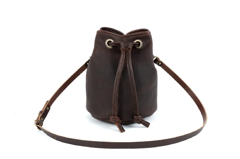 women's bucket bag with decorative pom-poms -LEATHER BUCKET BAG - LARGE - MOCHA