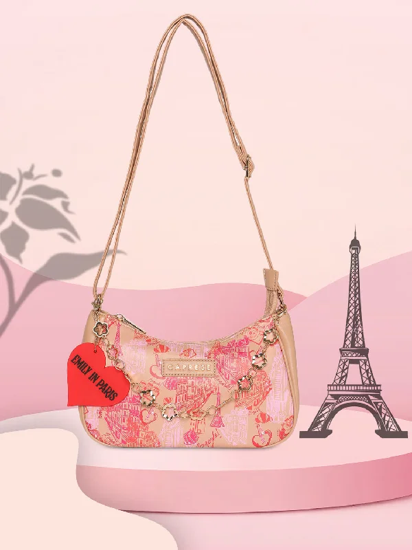 women's dumpling bag with neat stitching -Caprese Emily In Paris Printed Hobo Handbag Beige