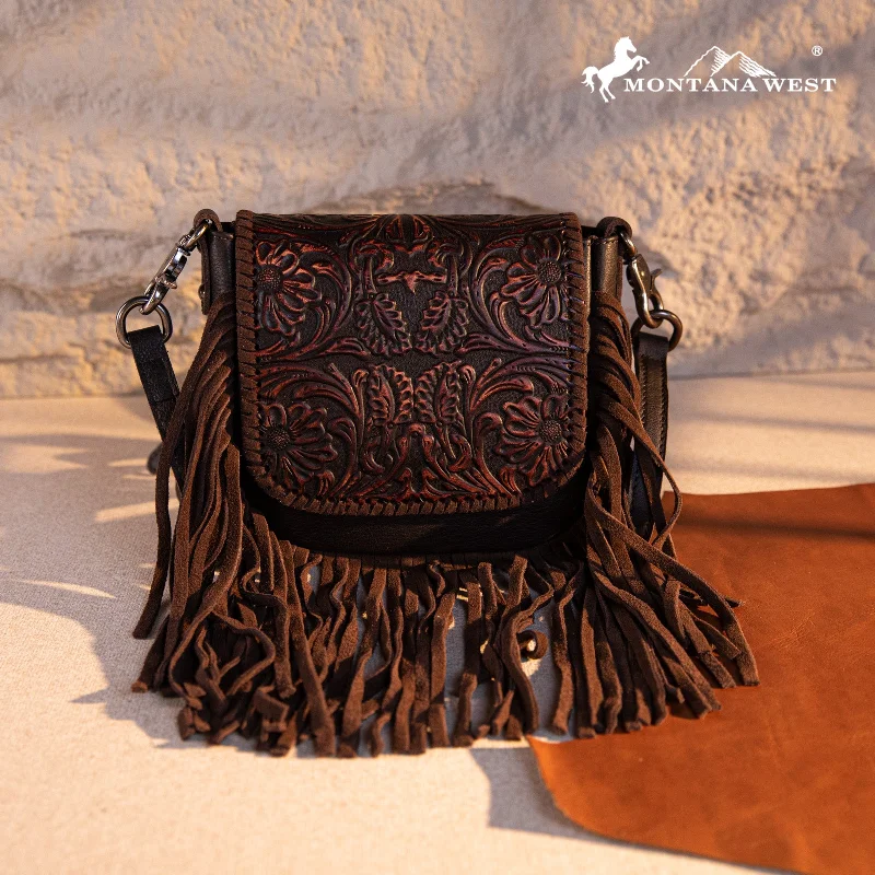 Ladies Crossbody Bag Bold Prints -RLC-L187 Montana West Genuine Leather Tooled Fringe Crossbody - Coffee