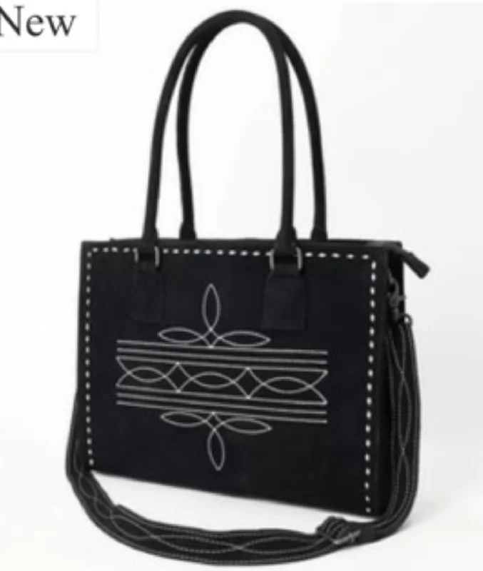 women's tote bag with handy inner pouch -Black Suede Boot Stitch Tote