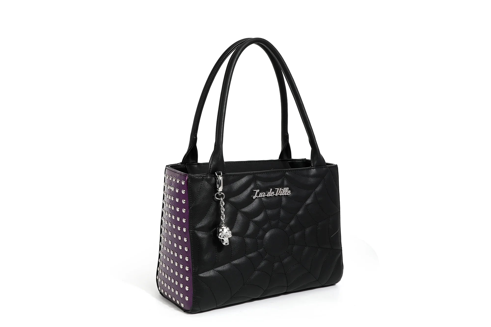 women's tote bag with long straps -Black Matte with Purple Sparkle Spider Web Medium Tote