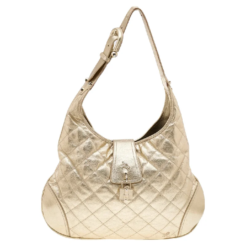 women's dumpling bag with color-blocked straps -Burberry Metallic Gold Quilted Leather Brooke Hobo