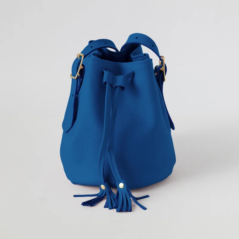 women's bucket bag with keychain attachment -Blue Italian Pebbled Bucket Bag