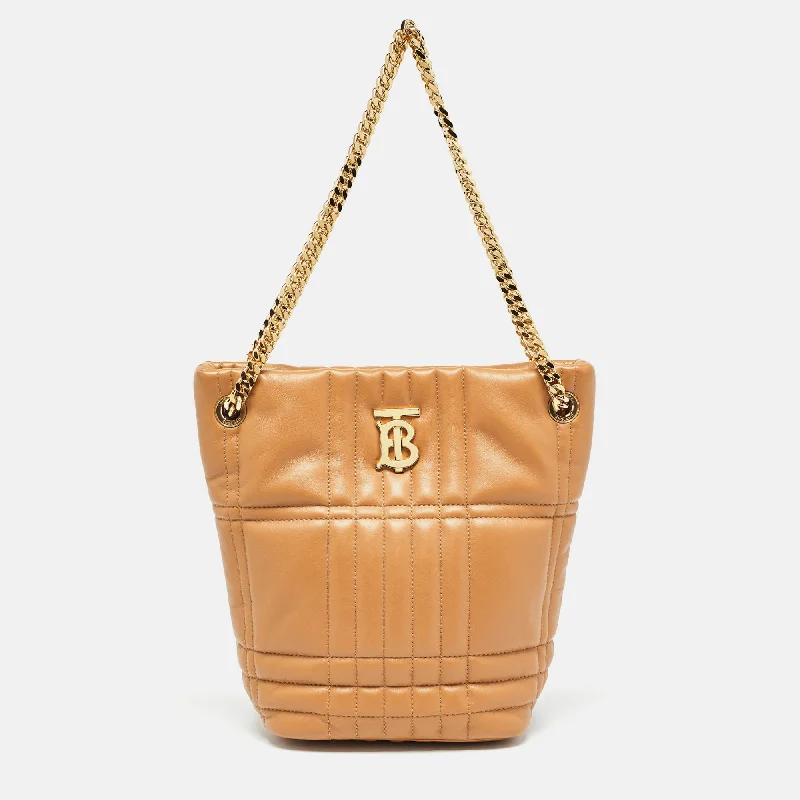 women's bucket bag with crossbody option -BURBERRY Marple Brown Embossed Check Leather Small Lola Bucket Bag