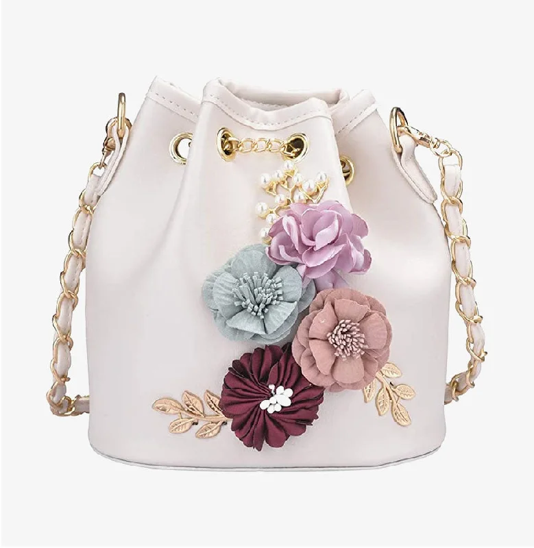 women's bucket bag with sleek and sophisticated look -PU Leather Flower Drawstring Bucket Bag