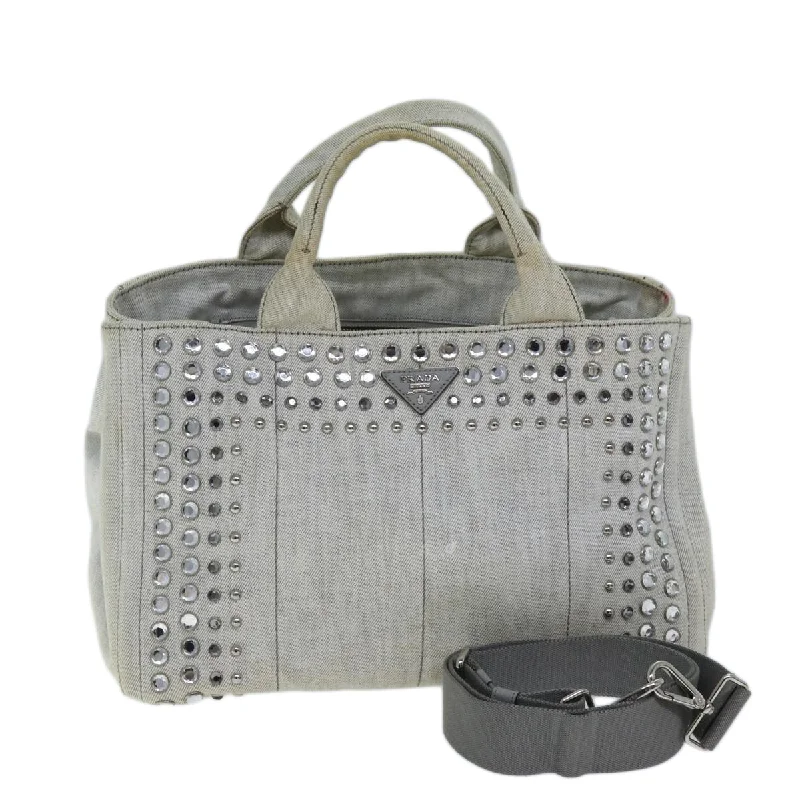 PRADA Bijoux Canapa MM Hand Bag Canvas 2way Gray Auth bs14279