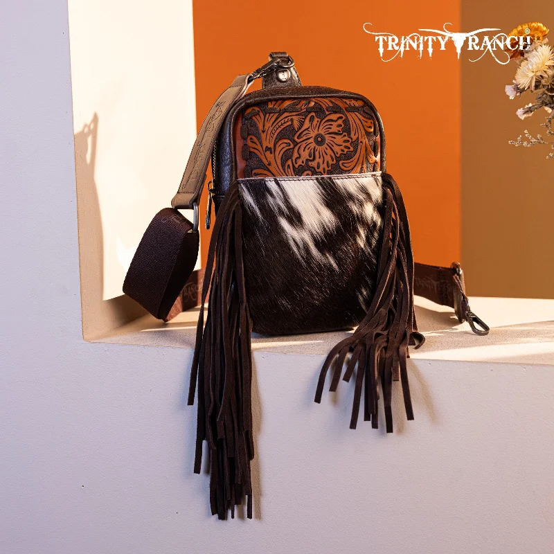 Ladies Crossbody Bag Designer Look -TR179-186 Trinity Ranch Genuine Hair-On Cowhide Tooled Fringe Sling Bag