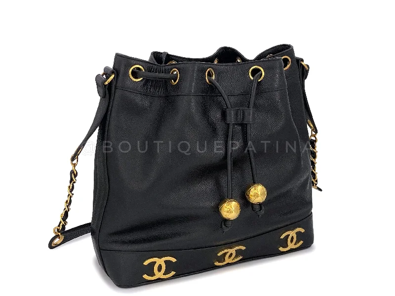 women's bucket bag with drawstring -Chanel 1994 Vintage Black Caviar 6-CC Drawstring Bucket Bag 24k GHW