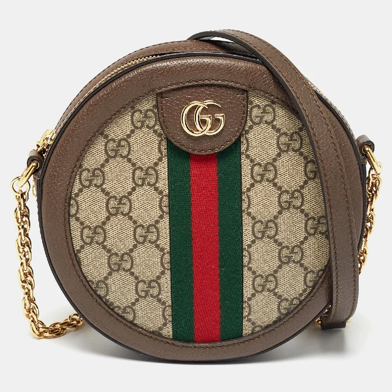 Gucci Brown GG Supreme Canvas and Leather Mini Ophidia Round Bag