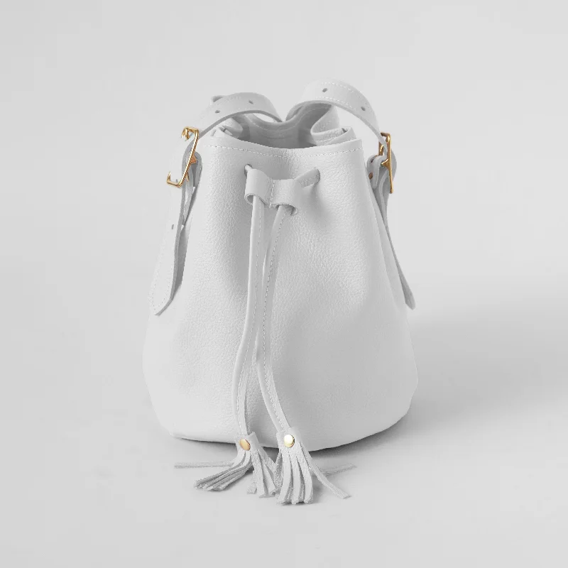 women's bucket bag with leather lining -White Italian Pebbled Bucket Bag