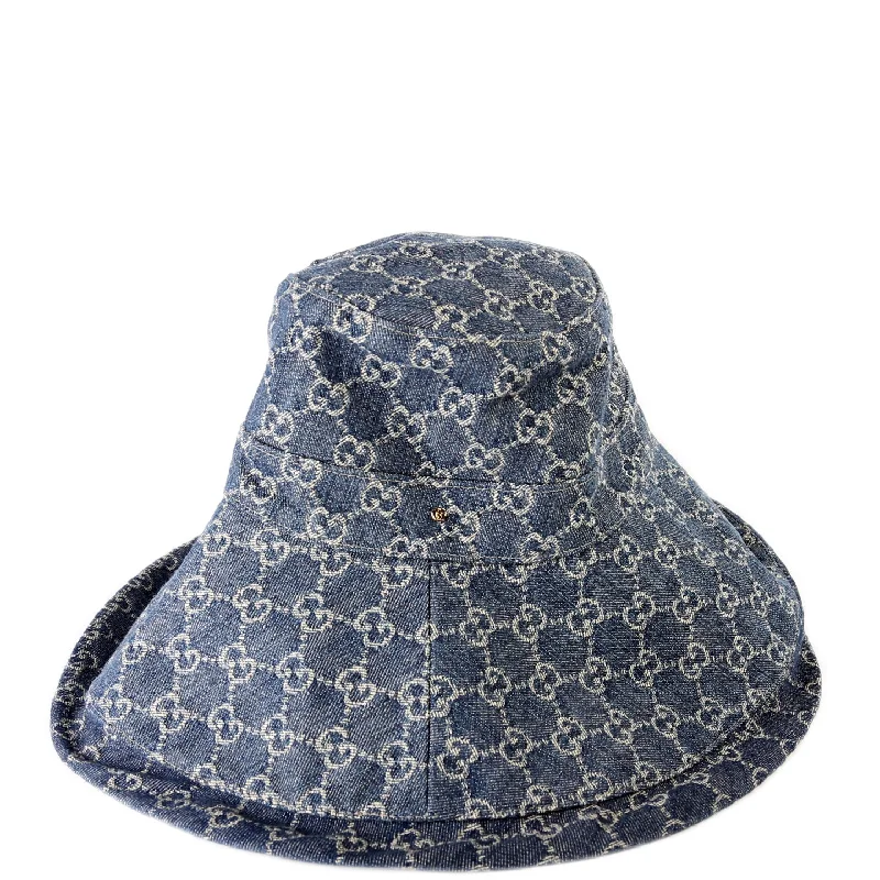 women's bucket bag with artistic embroidery -GG Denim Wide Bucket Hat Size S CM Blue