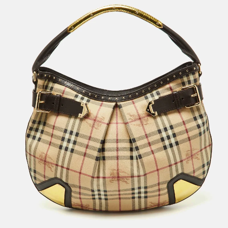 women's dumpling bag with color-block design -BURBERRY Dark Brown/Beige House Check PVC and Leather Studded Hartley Hobo