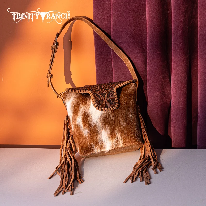 women's handbag with unique handle style -TR182-9181  Trinity Ranch Genuine Hair-On Cowhide Tooled Fringe Shoulder Bag-Brown