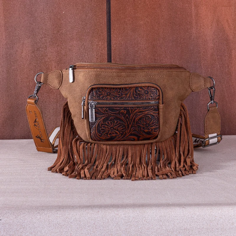 Ladies Crossbody Bag Subtle Canvas -MW1276-194 Montana West Floral Tooled Fringe  Fanny Pack - Brown