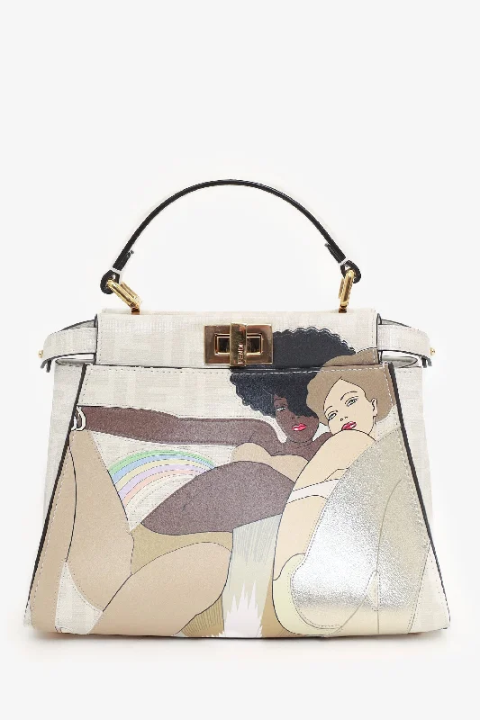 women's handbag with soft, rich fabric -Fendi White/Multicolour Glazed Fabric FF Bikini Girls Mini Peekaboo