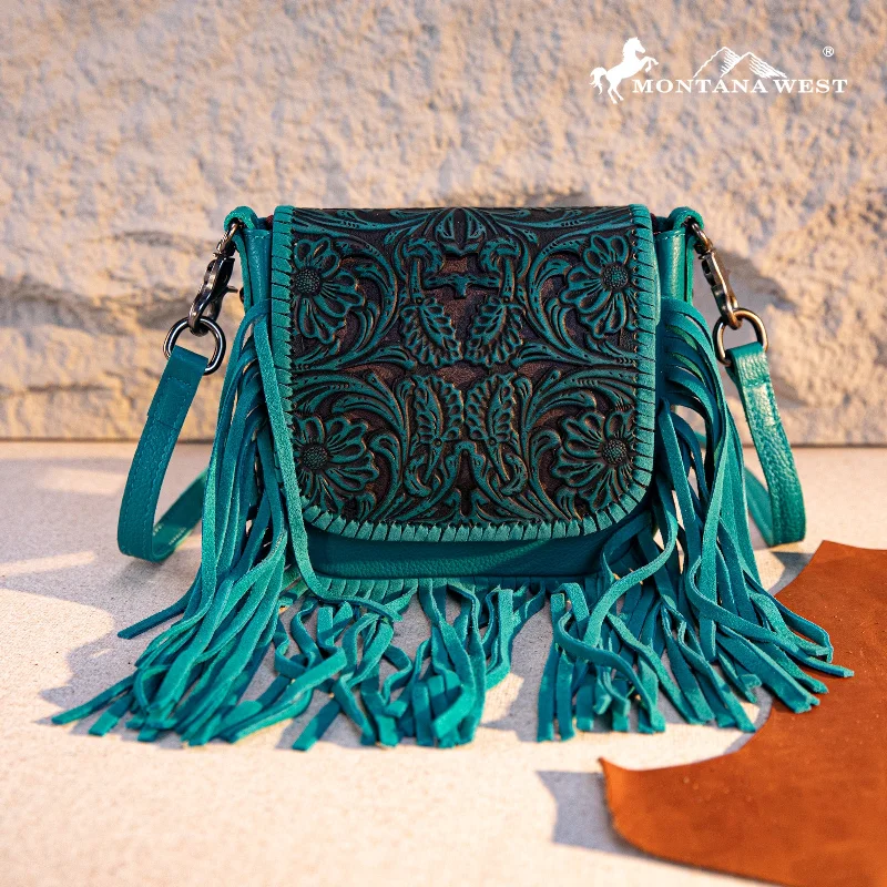 Ladies Crossbody Bag Timeless Appeal -RLC-L187 Montana West Genuine Leather Tooled Fringe Crossbody - Turquoise