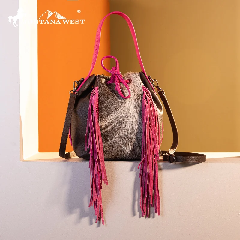 Ladies Crossbody Bag Luxury Chic -MWF1046-205S Montana West Hair-On Cowhide Drawstring Hobo/Crossbody - Coffee