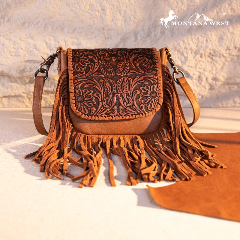 Ladies Crossbody Bag Casual Chic -RLC-L187 Montana West Genuine Leather Tooled Fringe Crossbody - Brown