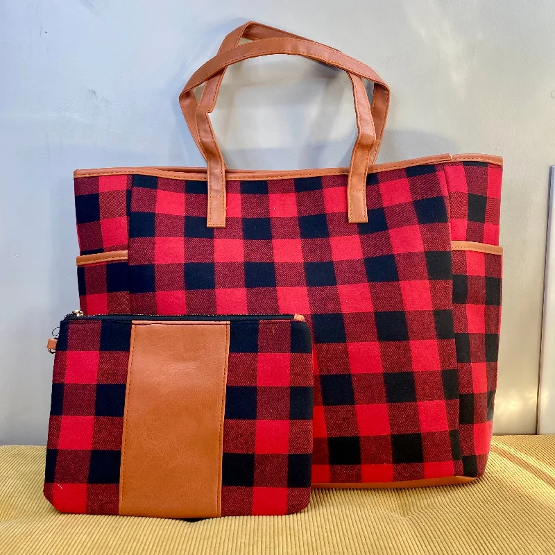 women's tote bag with fashionable flair -Weekender Tote & Pouch - Red Black Plaid