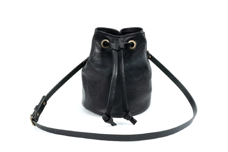 women's bucket bag with quilted texture -LEATHER BUCKET BAG - LARGE - BLACK