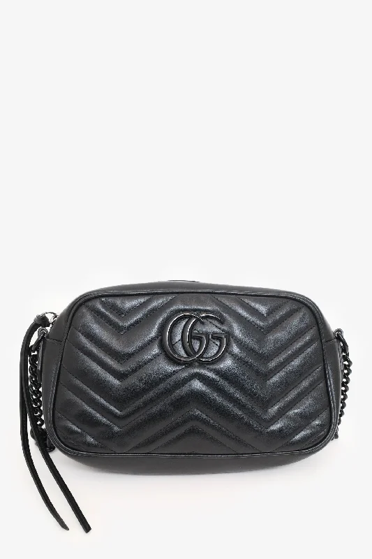 women's handbag with flat handle -Gucci So Black Chevron Leather Marmont Small Camera Bag