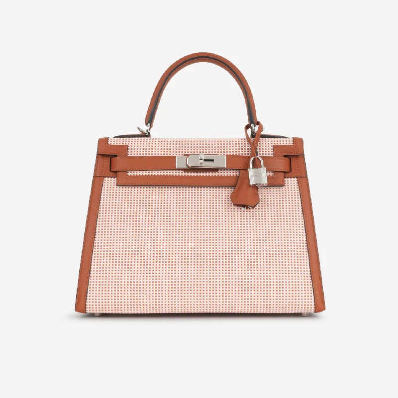 women's handbag with timeless appeal -Hermès Hermès - Kelly 28 - Terre Battue Swift/Ecru/Mauve Sylvestre Quadrille Toile PHW - Brand New