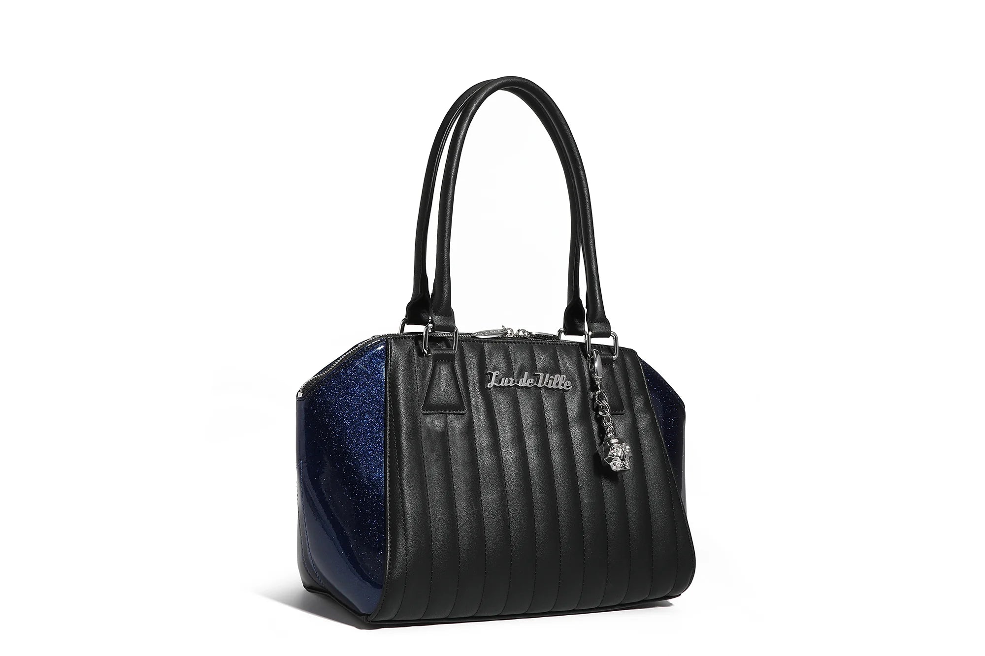 women's tote bag with contrasting trim -Stella Tote Black & Blue Sparkle