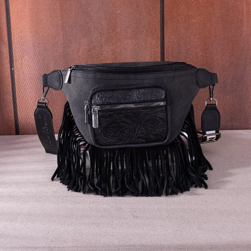 Ladies Crossbody Bag Urban Chic -MW1276-194 Montana West Floral Tooled Fringe  Fanny Pack - Black