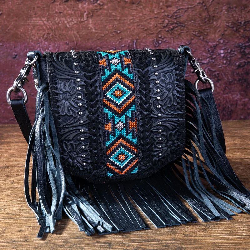 Ladies Crossbody Bag Compact Leather -RLC-L166 Montana West Genuine Leather Tooled Collection Fringe Crossbody