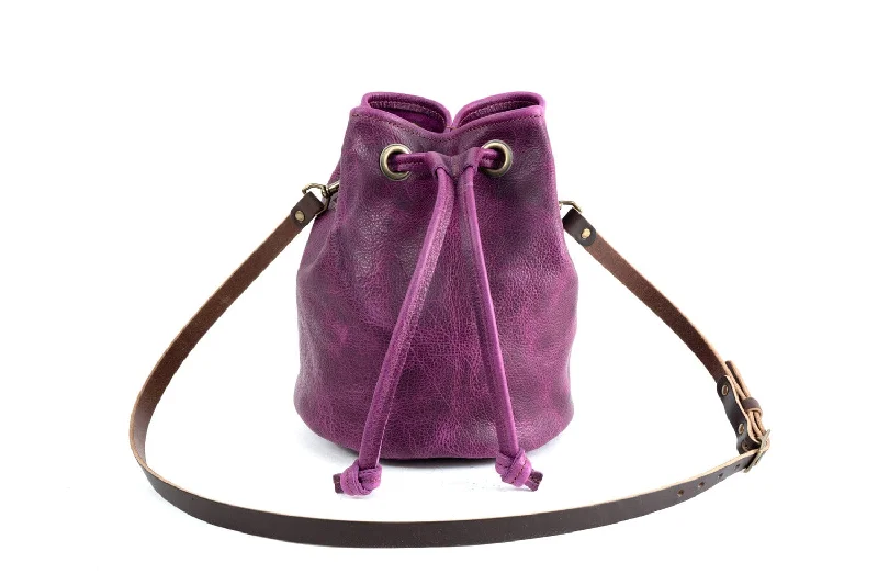 women's bucket bag with pleated design -LEATHER BUCKET BAG - LARGE - GRAPE BISON