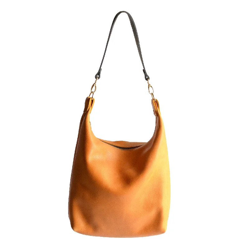 women's bucket bag with double handles -Leather BUCKET Crossbody Bag - Amber Leather