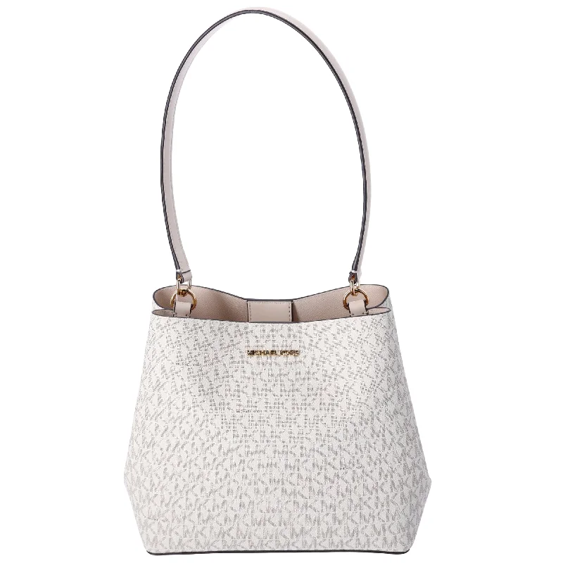 women's bucket bag with city vibe -Michael Kors Pratt Medium  Shoulder Bucket Bag Signature Logo Light Cream MK