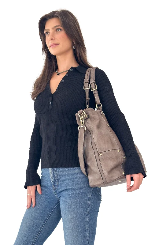 women's tote bag with shiny leather finish -Nora Patchwork Tote in Mushroom