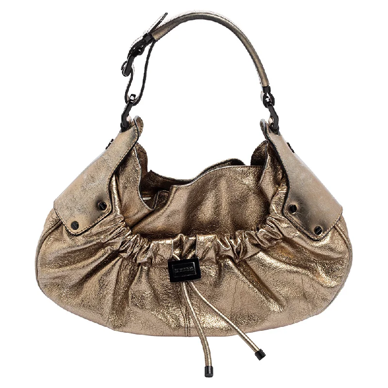 women's dumpling bag with clean silhouette -Burberry Gold Leather Warrior Drawstring Hobo