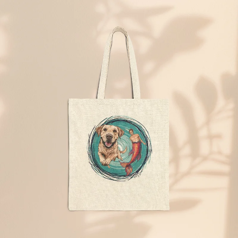 women's tote bag with faux leather accents -Cotton Canvas Tote Bag - Merman and His Dog